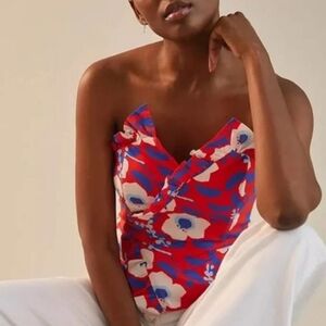 Anthropologie Hutch Strapless Ruffle Top Blouse Bustier Womens 4 Red Cream Artsy